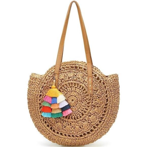 Khaki Straw Bag Round Summer Straw Large Woven Beach Bag Purse For Women - Picture 1 of 7